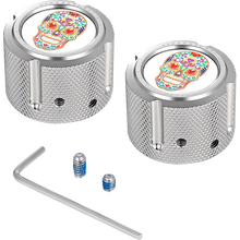 Load image into Gallery viewer, FIGURATI DESIGNS FRONT AXLE NUT COVERS SILVER WITH SUGAR SKULLS FD30-FAC-SS