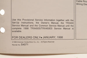 Genuine OEM Honda Factory Service MANUAL PROVISIONAL INFORMATION 1998 TRX450S  - Very Good
