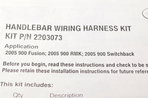 Genuine Polaris 2203073 Kit,Handlebar Wiring Harness 2005 fusion RMK 900 Switchb