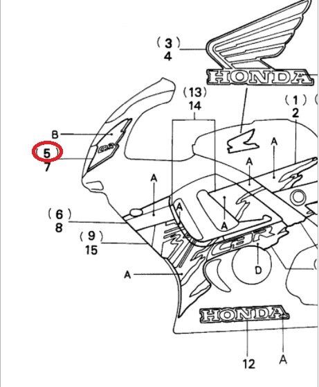 NOS OEM HONDA DECAL 64231-MAL-B30ZA STRIPE R.COWL(UPPER,TYPE4) 96 CBR600F3 - Like New