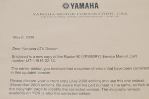 Genuine Yamaha SERVICE SHOP MANUAL LIT-11616-22-13 RAPTOR 90 YFM90RY 2009 - Very Good