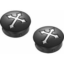 Load image into Gallery viewer, FIGURATI DESIGNS HARLEY-DAVIDSON BLACK CUSTOM SWING ARM COVERS CROSS FD41-CROSS-BLK