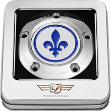 Load image into Gallery viewer, FIGURATI DESIGNS BLUE FLEUR-DE-LIS TWIN CAM TIMING COVER SILVER FD05-TC-5H-SS