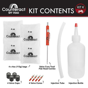 Counteract KIT-K ATV/UTV Do It Yourself Tire/Wheel Balancing Beads Kit - (4) 4oz DIY Bead Bags, (4) Valve Caps and Cores, (1) Core Remover, Injector Bottle