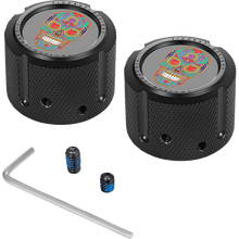 Load image into Gallery viewer, FIGURATI DESIGNS FRONT AXLE NUT COVERS BLACK WITH SUGAR SKULLS FD30-FAC-BLK