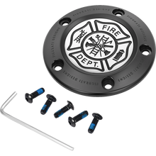 Load image into Gallery viewer, FIGURATI DESIGNS TIMING COVER BLACK WITH MALTESE CROSS-FIRE, 5-HOLE FD74-TC-5H-BLK