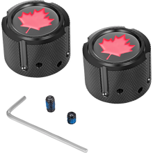 Load image into Gallery viewer, FIGURATI DESIGNS RED MAPLE LEAF FRONT AXLE NUT COVER BLACK FD03-FAC-BK
