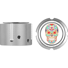 Load image into Gallery viewer, FIGURATI DESIGNS FRONT AXLE NUT COVERS SILVER WITH SUGAR SKULLS FD30-FAC-SS