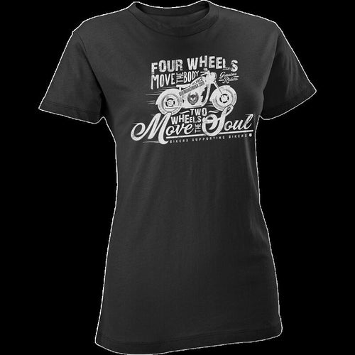 ONE BROKEN BIKER WMNS TEE 4 WHEELS MOVE THE BODY 2 WHEELS MOVE THE SOUL BLK M WTEE4WHLBLKM