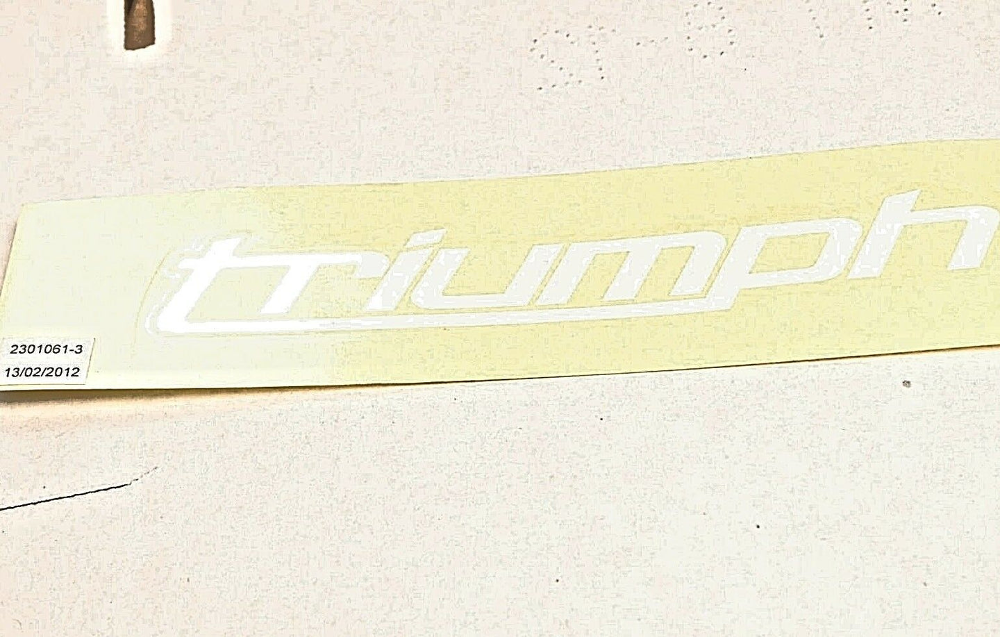 GENUINE OEM TRIUMPH T2301061 DECAL,FUEL TANK WHITE (BLACK/PURPLE/RED BIKES) 675