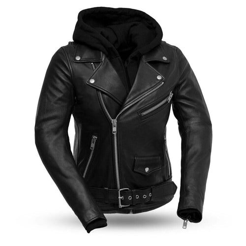First MFG Women's Motorcycle Jacket - The Ryman Premium Black Leather Hooded