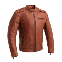Load image into Gallery viewer, First MFG Men&#39;s Motorcycle Jacket - The Cruisader Whiskey Brown Leather Classic Style