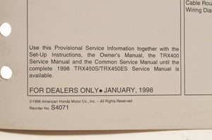 Genuine OEM Honda Factory Service MANUAL PROVISIONAL INFORMATION 1998 TRX450S